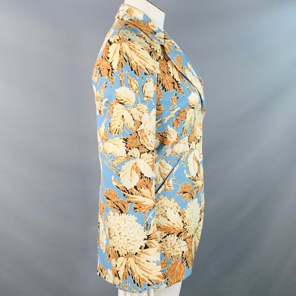 Size L Blue Tan Polyester Blend Floral Notch Lapel Zip Pockets Jacket Blazer - Picture 3 of 9